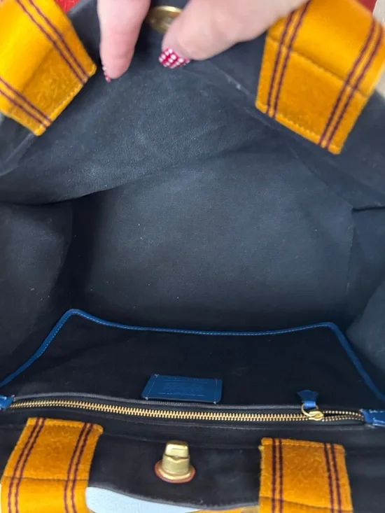 Coach Black Canvas Apple Camp Tote with Yellow Handles and Blue Trim - Picture 7 of 13